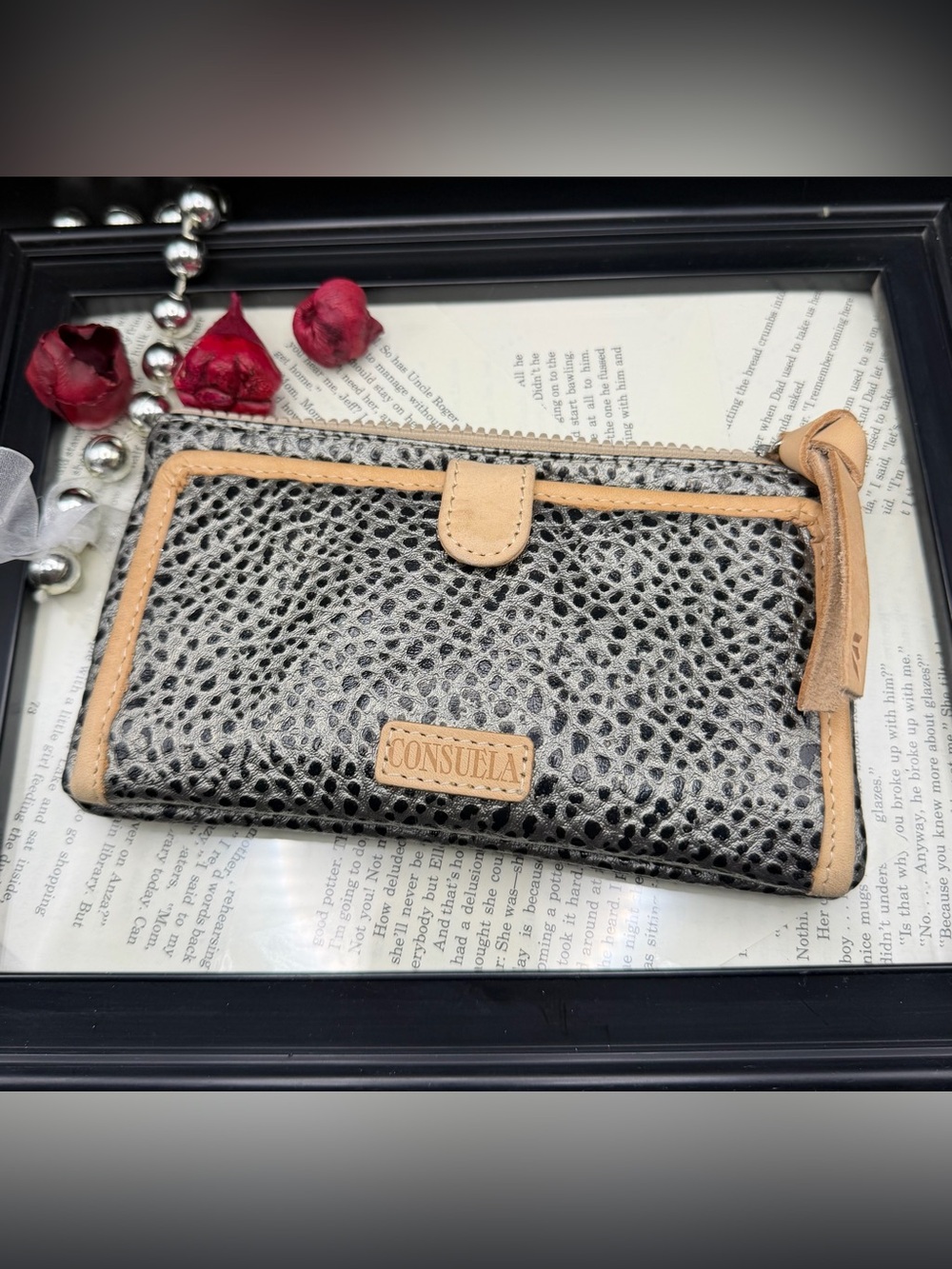 Consuela Wesley Silver and Black Pebbled Leather Wallet with Tan Trim and Snap